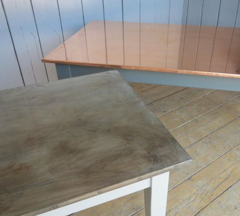 bespoke table tops worktops kitchen zinc copper antique distressed natural matt samples metal dining