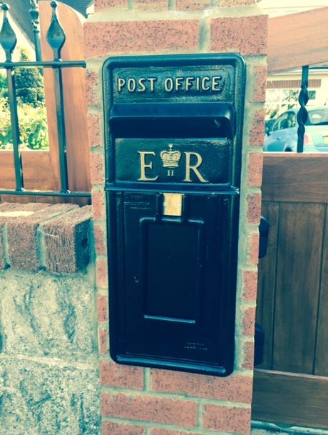 original royal mail post box ER elizebeth wall mounted arch back post mounted black red gold happy customer photograph wedding letter