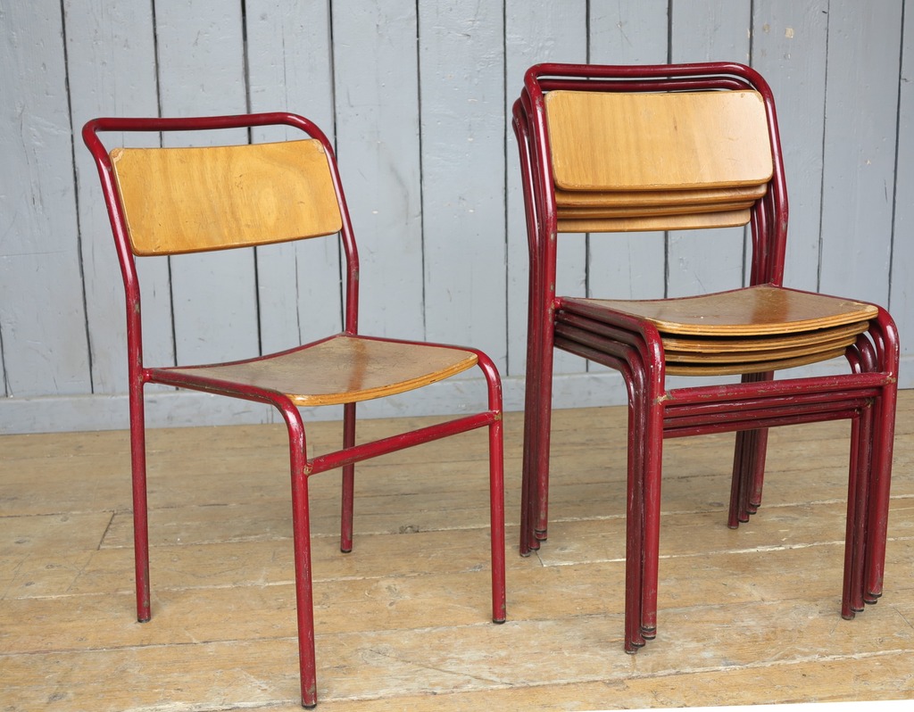 Reclaimed Antique Steel Tubular Stacking Chairs Seats Seating Restaurant Pub Shop Home Dining Room Kitchen Wood Plywood Red Grey Gray
