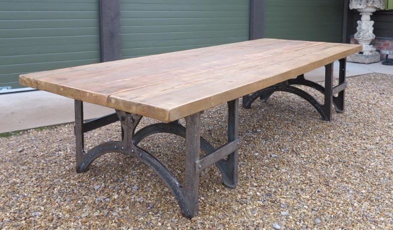 Substantial Wooden Pine Reclaimed Table Metal Base Matching Long Dining Room Hand Made