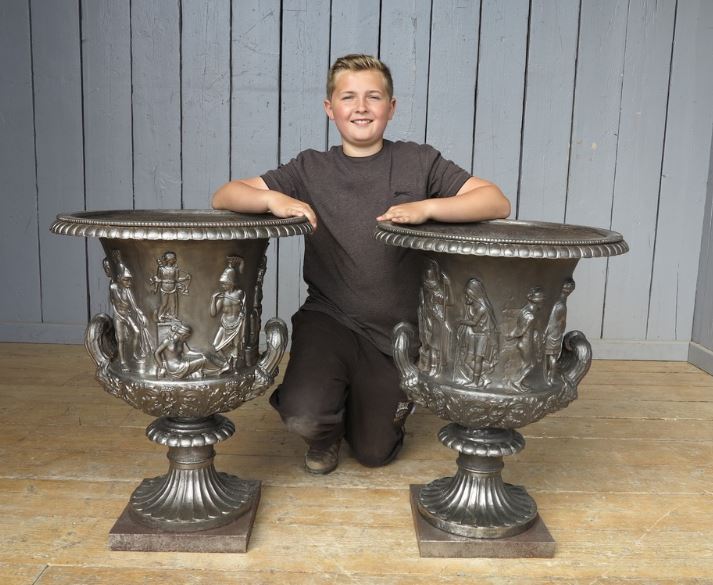 Cast Iron Hand Burnished Rare Antique Reclaimed Urn Pair Planters Pattern Ornate Tops Garden Wall