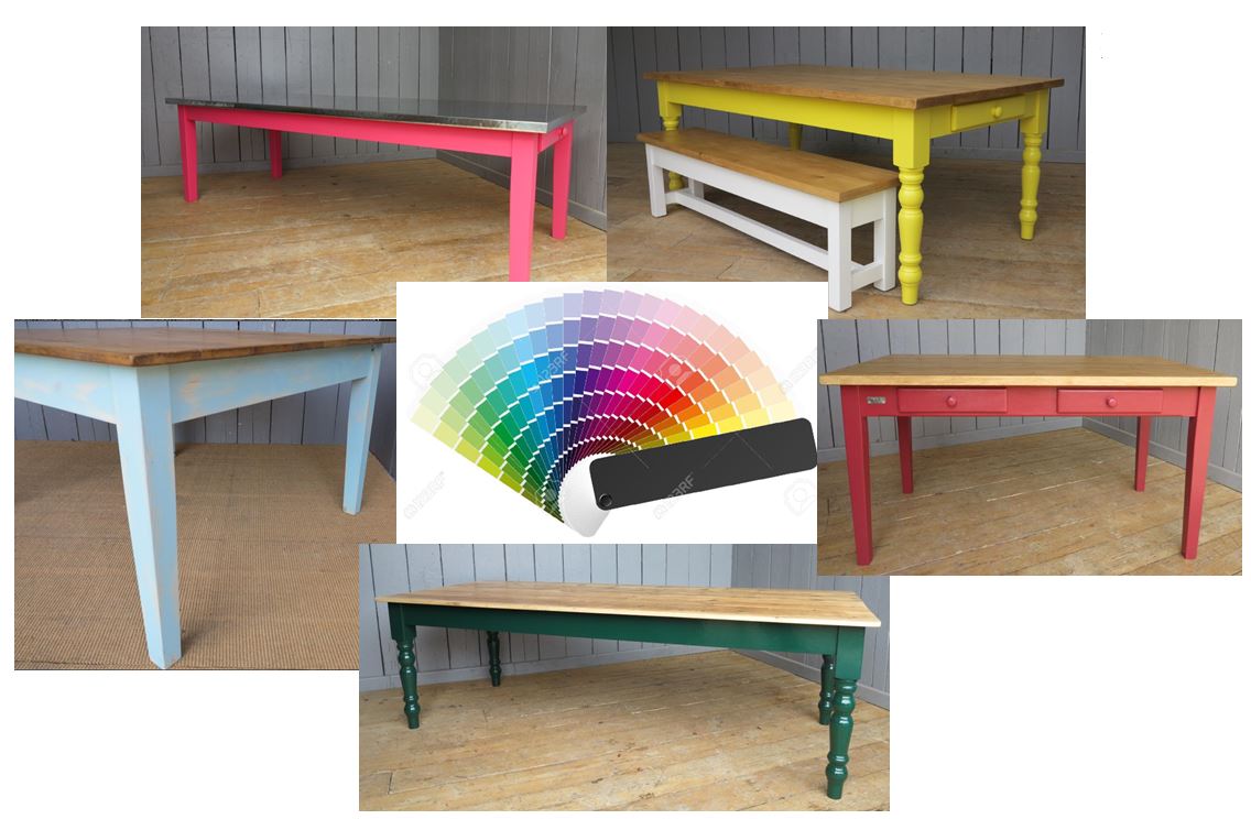 Table Bespoke Painted Colour Pink Blue Green Red Yellow Dining Resaurant Pub Tables Banquet Dining Room Long Short Square Round Floorboard Copper Zinc Plank Pine