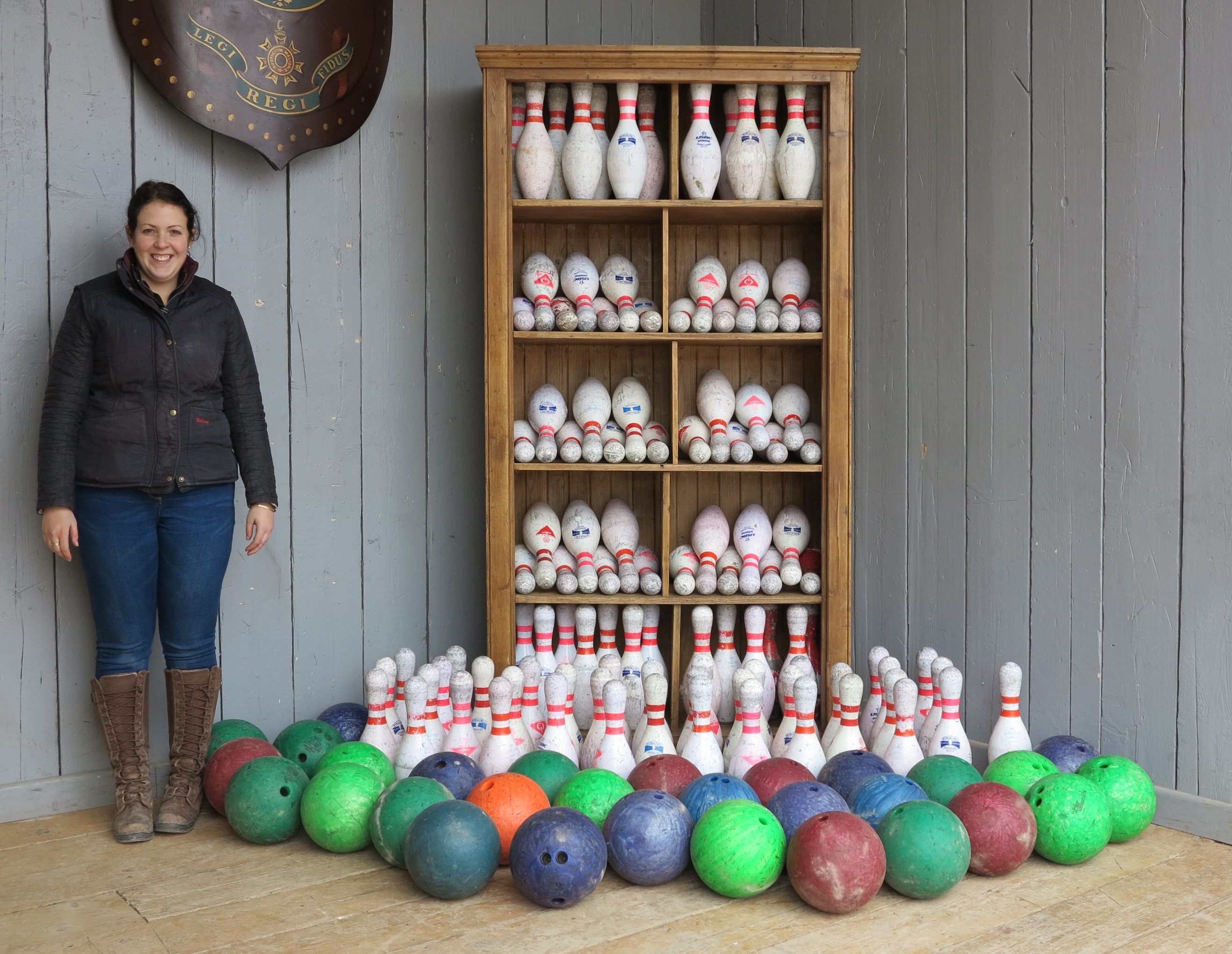  reclaimed original and vintage skittles and bowling balls for sale at UKAA. Circa 1970 from a reclaimed bowling alley. 