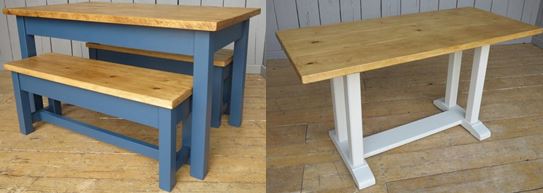 Bespoke reclaimed wooden topped tables made by hand from reclaimed plank and scaffold boards to suit requirements, bespoke bases painted in Farrow and Ball