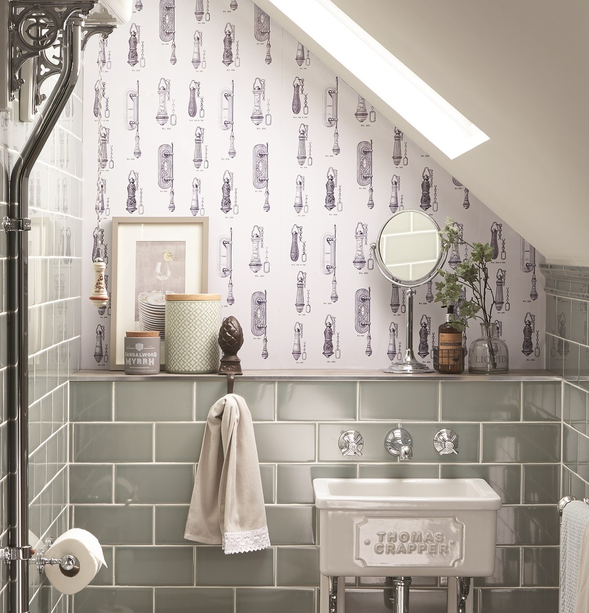 Thomas Crapper Cistern Pull Wallpaper Available to Buy Online at UKAA. Traditional Bathroom Wallpaper
