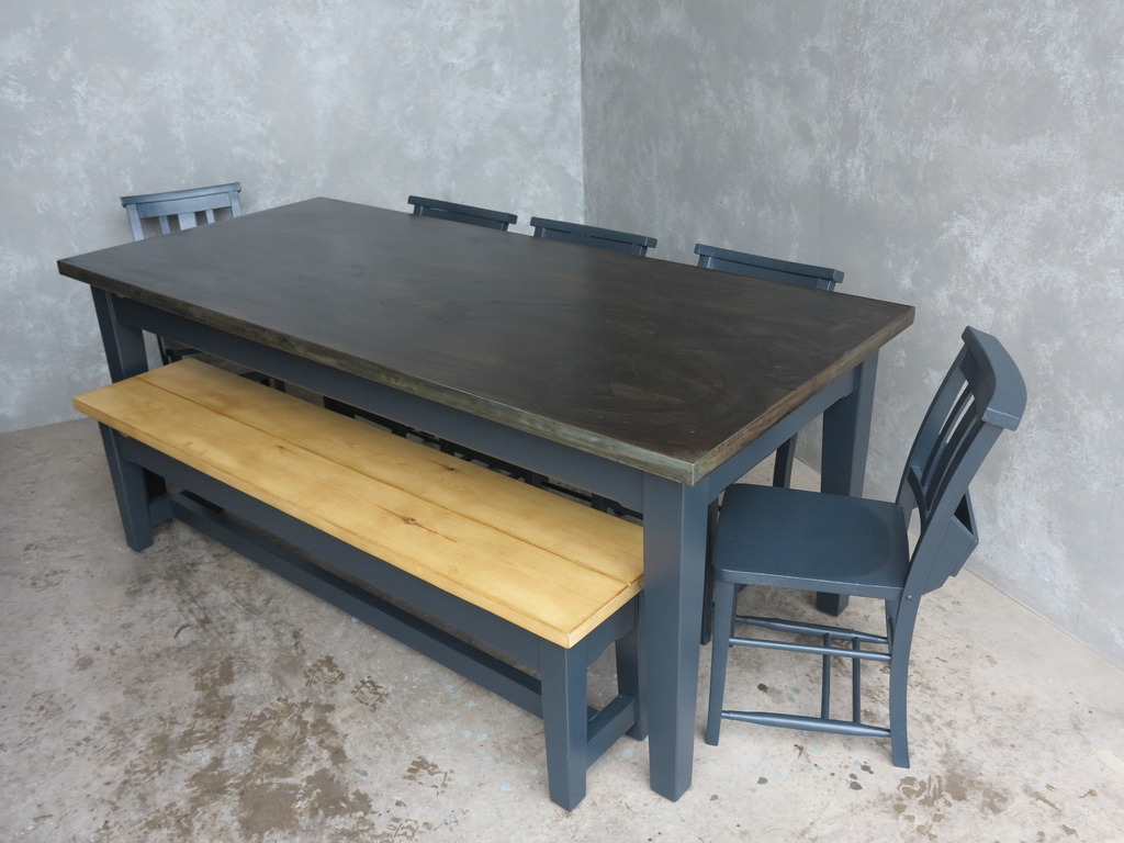Bespoke Made Natural Zinc Table,Wooden Benches and Painted Antiwue Church Chair sets Available at UKAA