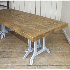 Solid Chunky Reclaimed Pine Table Top With Old Cast Iron Bases 