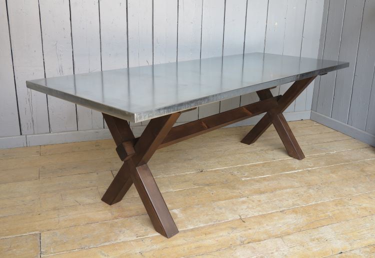 bespoke table natural zinc metal xframe wood jacobean dark wax chunky substantial