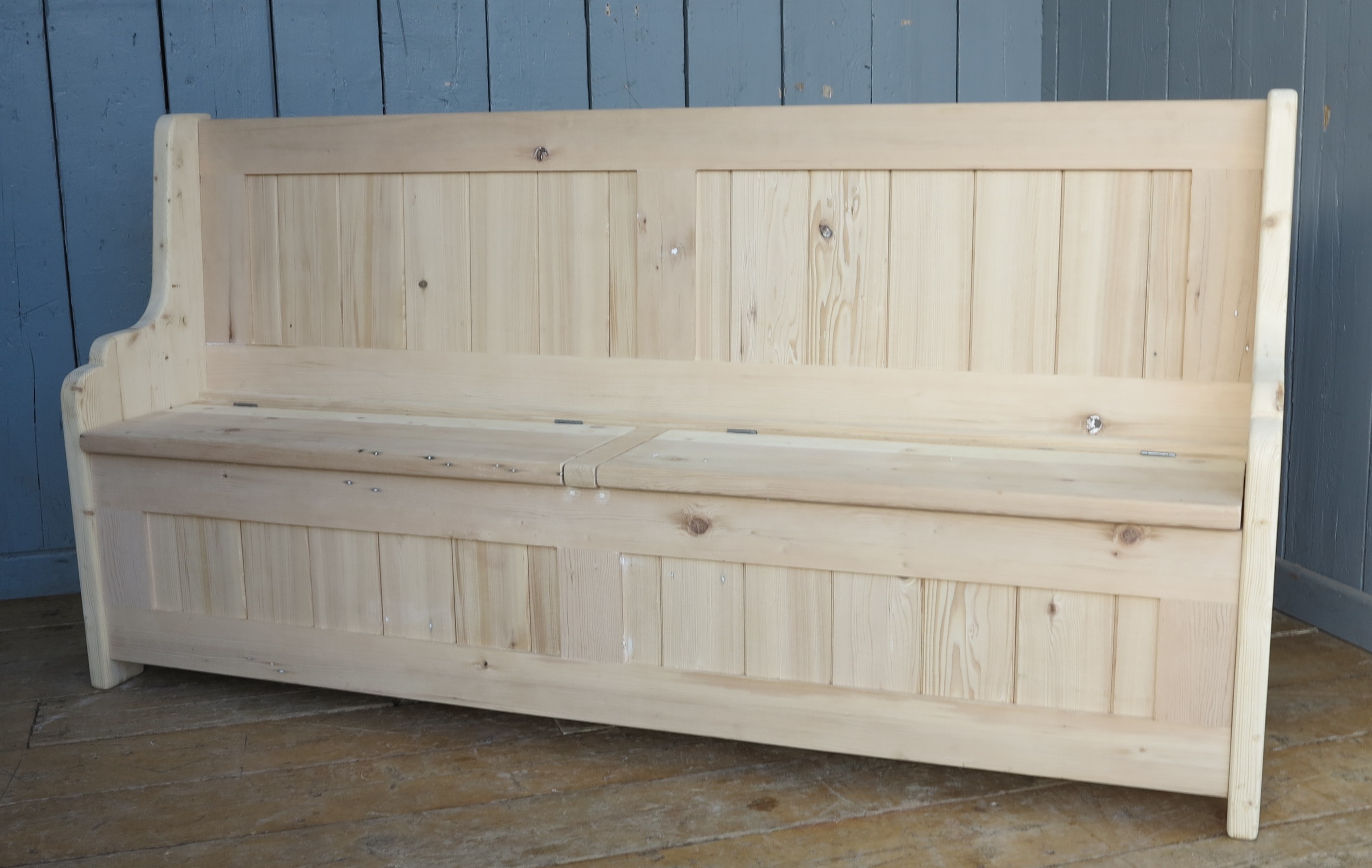 bespoke reclaimed pine settle with lift up seat made at UKAA by hand, can be waxed or painted in farrow and ball