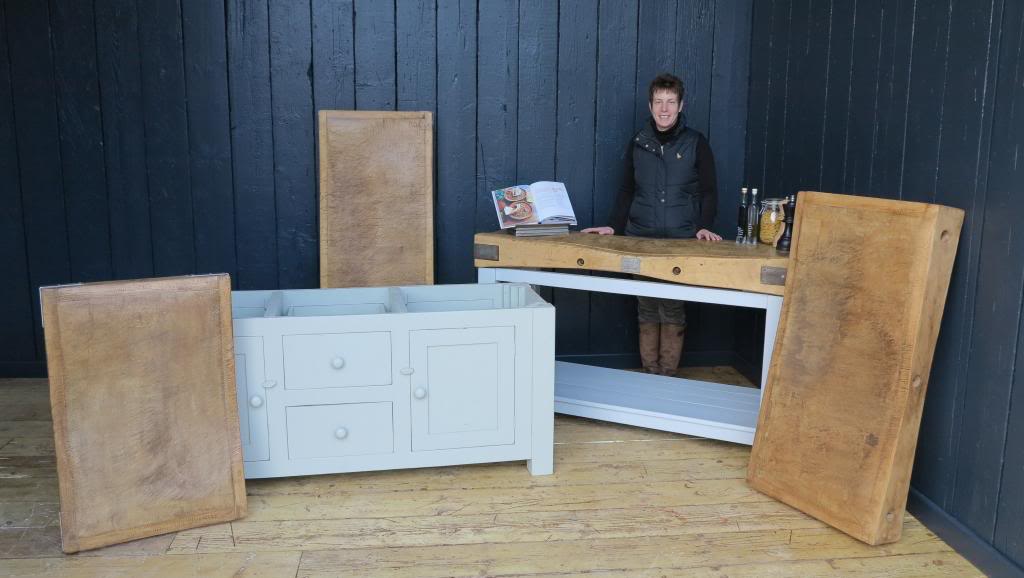 Reclaimed and original Victorian butchers blocks, central islands and kitchen units for sale at UKAA with shelves and cupboards for kitchen storage.