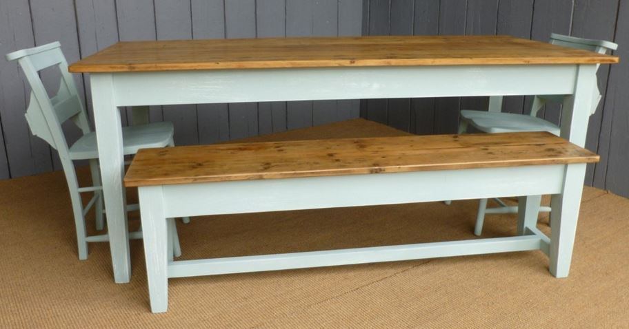 bespoke hand made to your size Victorian floorboard top table with a  rustic bespoke bench and Church chairs painted in a solid Farrow and Ball Teresa's Green.