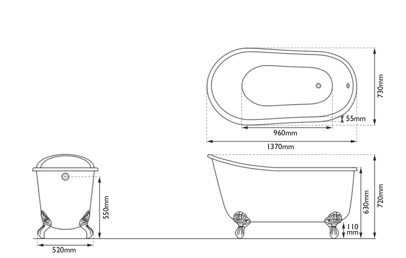 dimensions of hurlingham shelley petite single ended cast iron bath