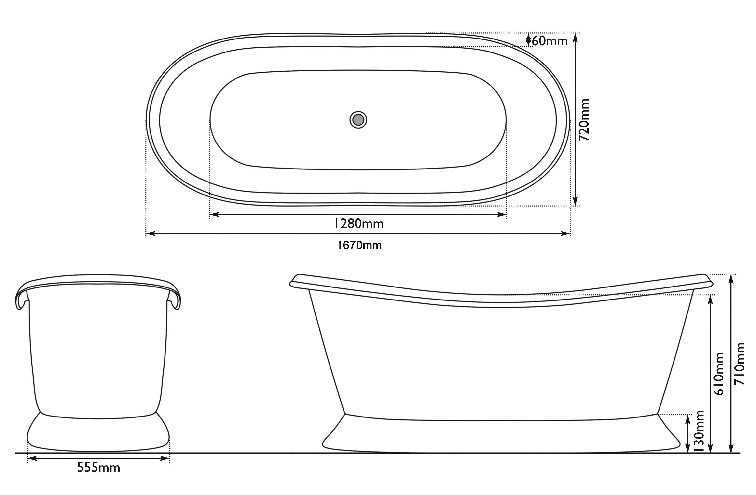 Dimensions Of Copper External and Nickel Internal Bateau Bath