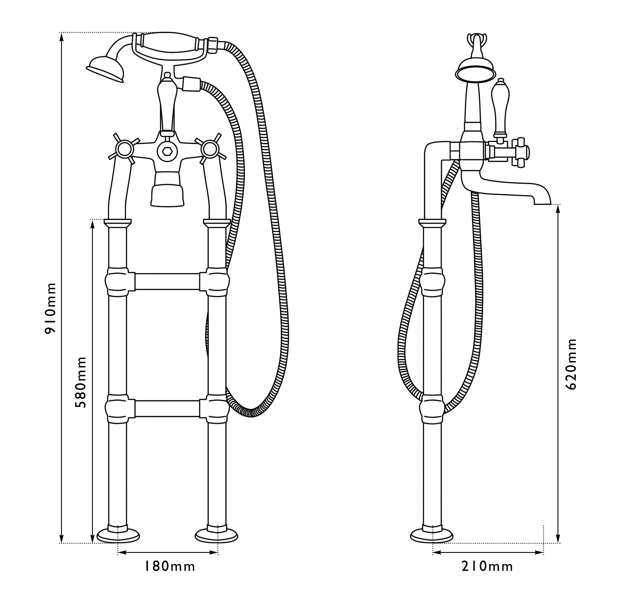 dimensions of hurlingham freestanding bath mixer taps with shower head