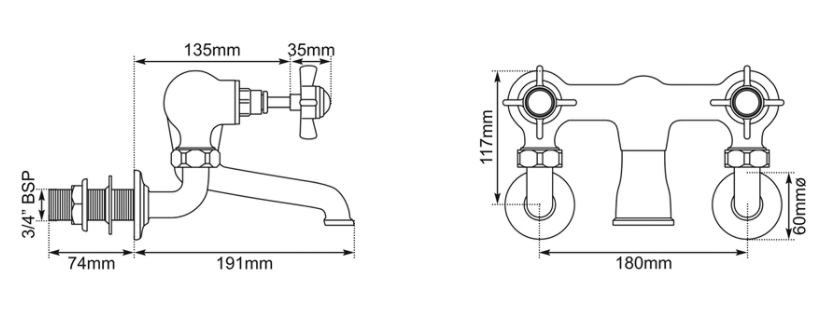 dimensions of hurlingham wall mounted bath filler taps