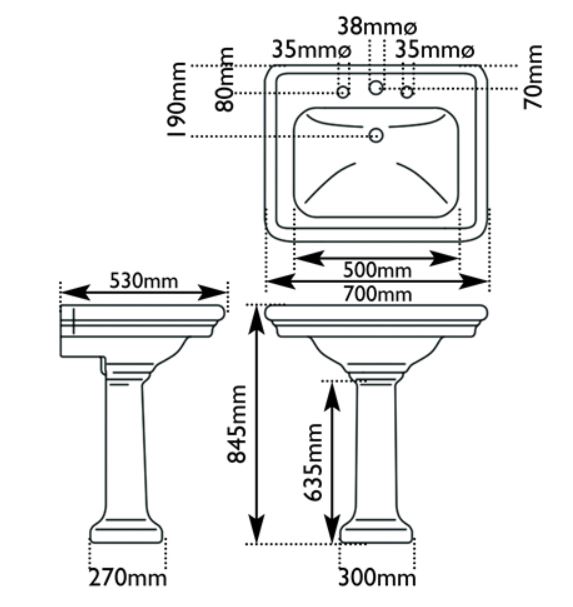 dimensions of hurlingham hampton wash basin large with 3 tap holes