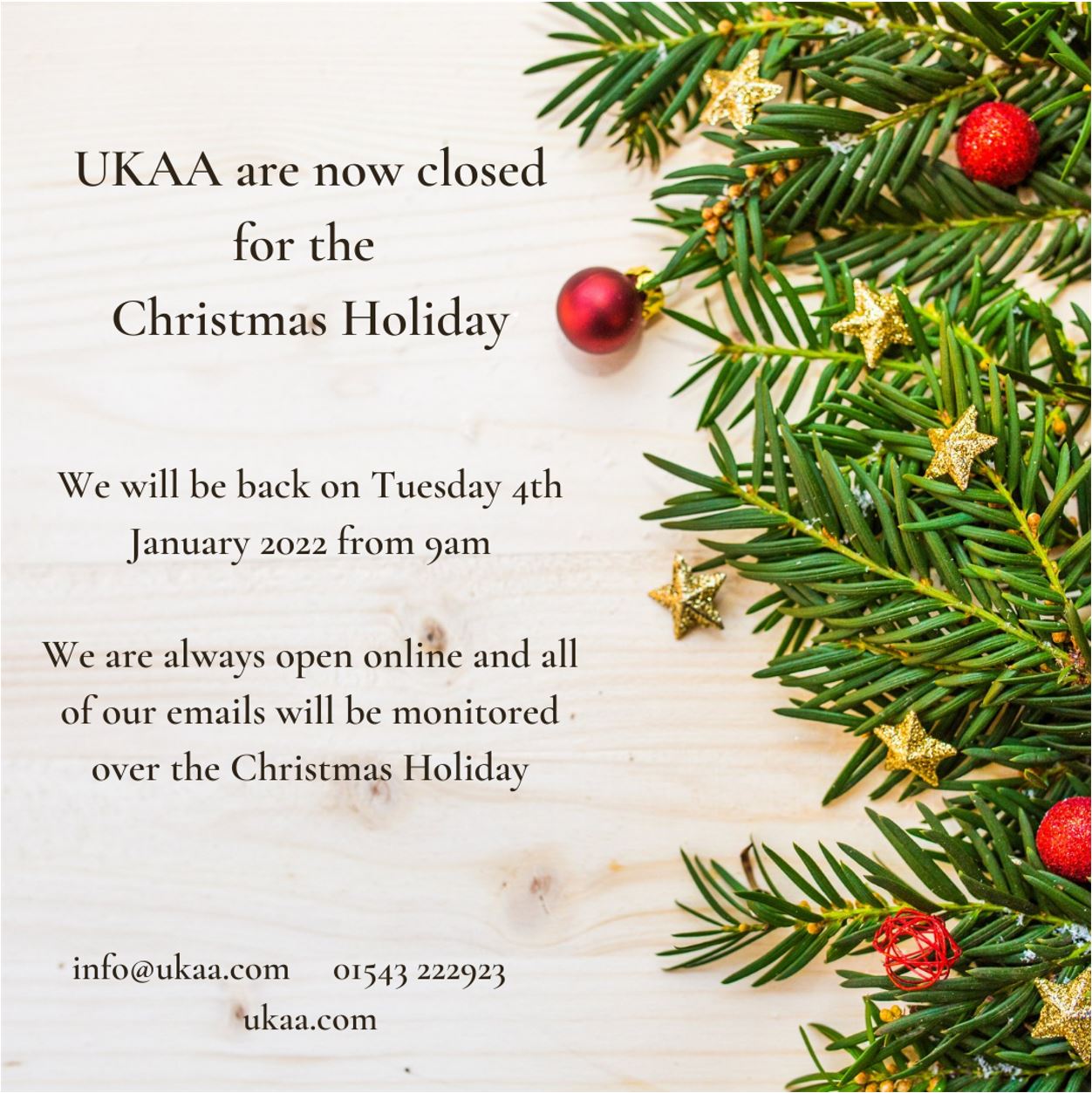 UKAA 2021 Christmas Opening Times