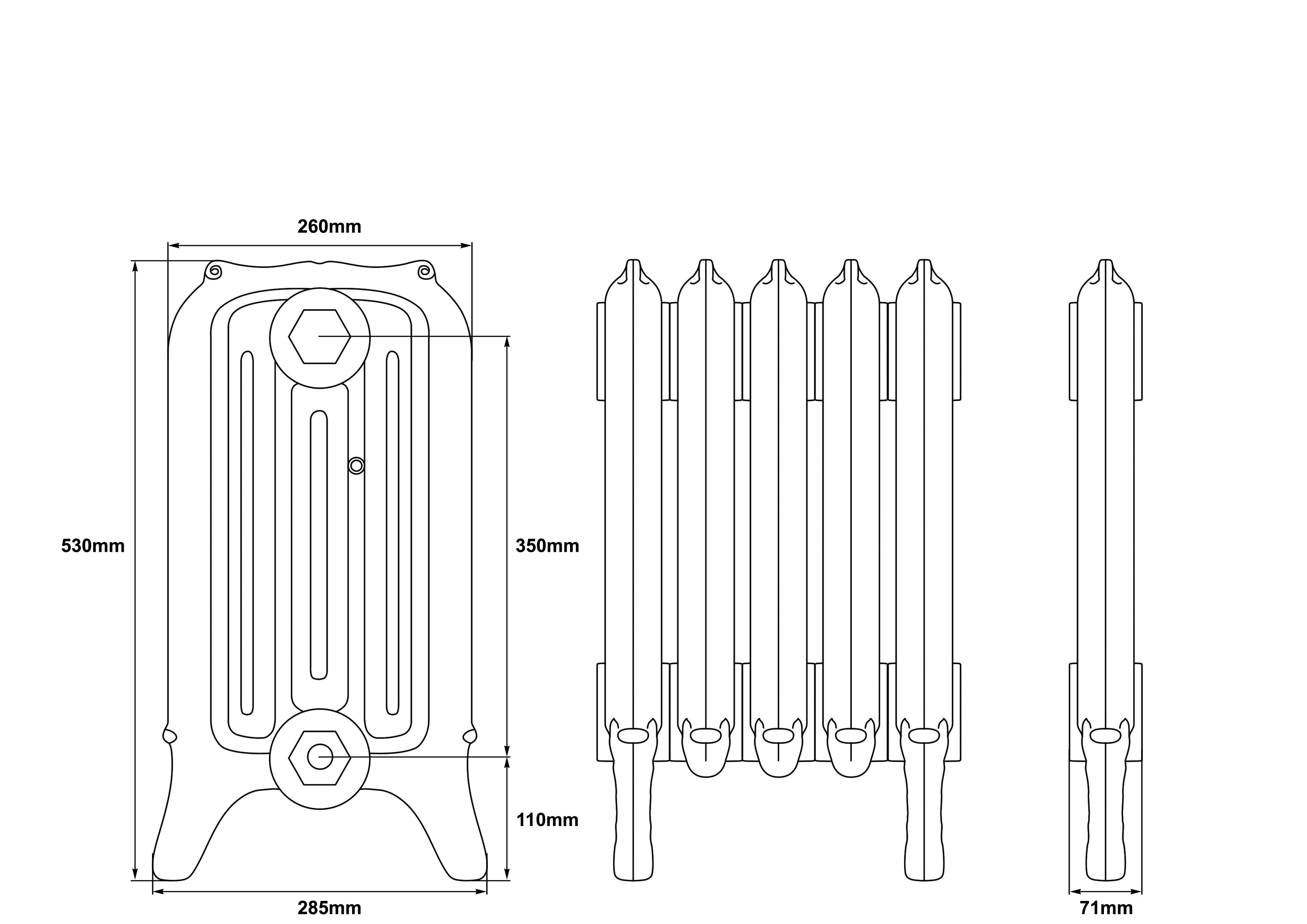 ribbon 530mm 4 column radiator dimensions