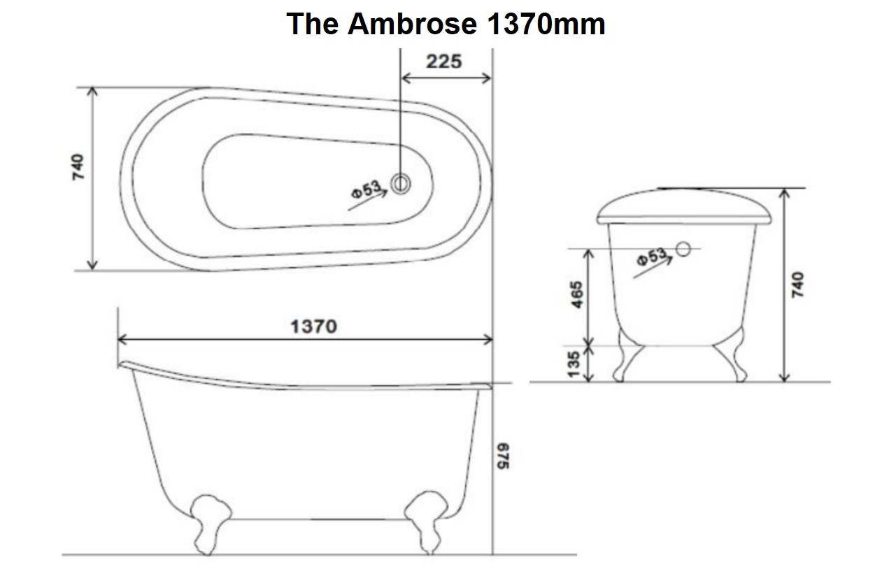 dimensions of arroll 1370mm ambrose cast iron bath