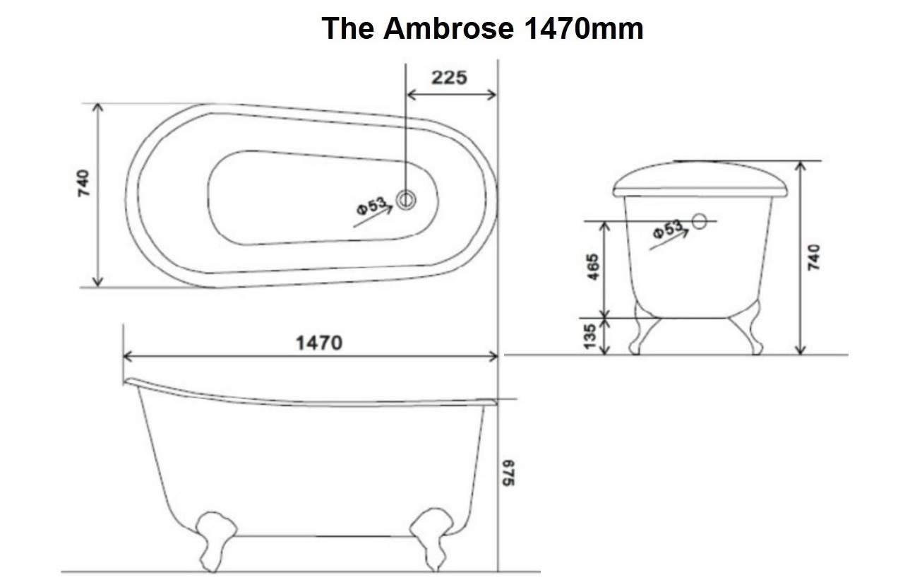 dimensions of arroll 1470mm ambrose cast iron bath