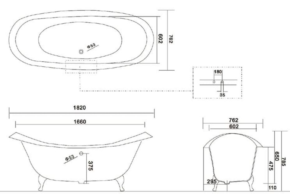 dimensions of arroll milan cast iron bath