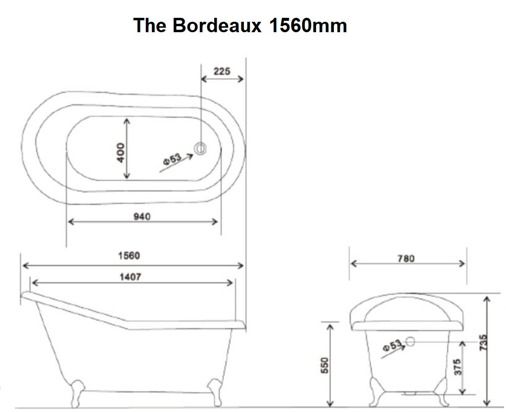 dimensions of arroll 1560mm bordeaux cast iron bath