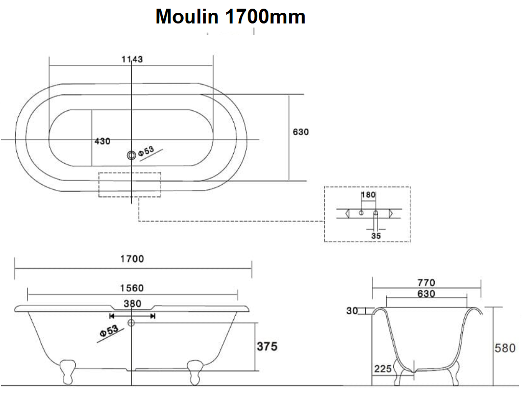 dimensions of arroll 1700mm moulin cast iron bath