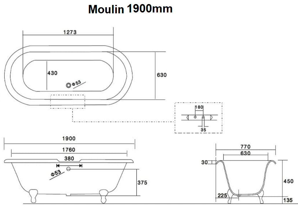 dimensions of arroll 1900mm moulin cast iron bath