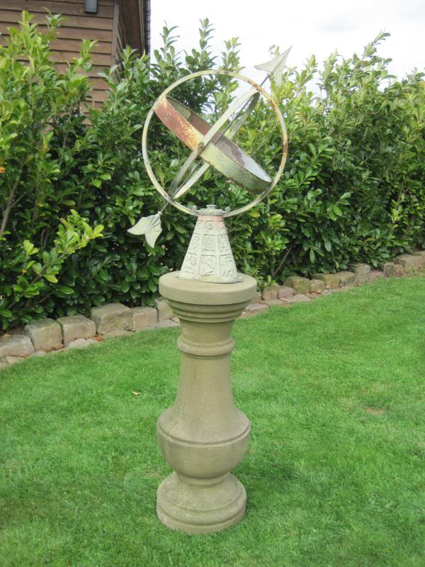 Original antique reclaimed Armillary Sundial on a stone pedestal available from our yard