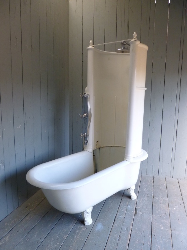 Original antique canopy shower bath with claw feet fully refurbished ready for use in Victorian bathrooms