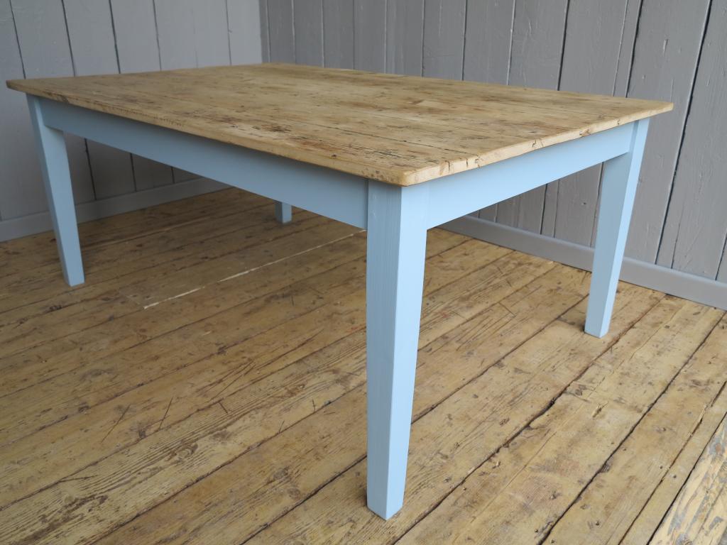 Made to measure traditional style scrub top tongue and groove table made from reclaimed Victorian floorboards with a tapered leg base handmade to your sizes