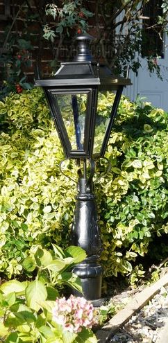 Traditional style reproduction powder coated lantern and cast iron patio post ready for delivery world wide