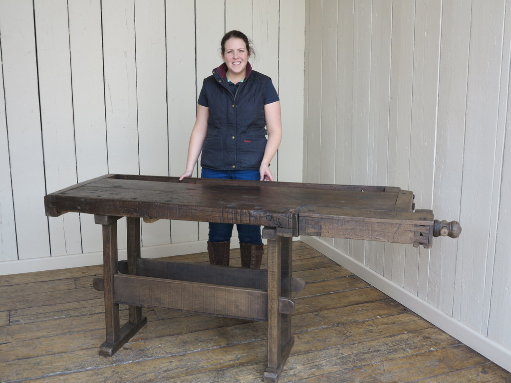 fully refurbished original reclaimed vintage wooden work bench made using reclaimed timber ideal for kitchen island or butchers block and table in a kitchen

