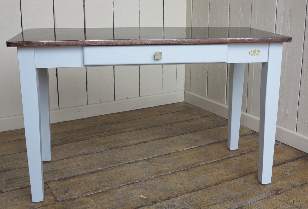 custom made vinatge style copper topped dining or kitchen table with a traditional tapered leg painted pine table base