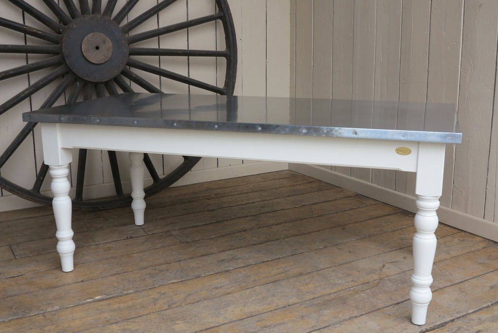 Bespoke natural zinc and wood kitchen or dining table for sale at UKAA ideal for restaurants and pubs 