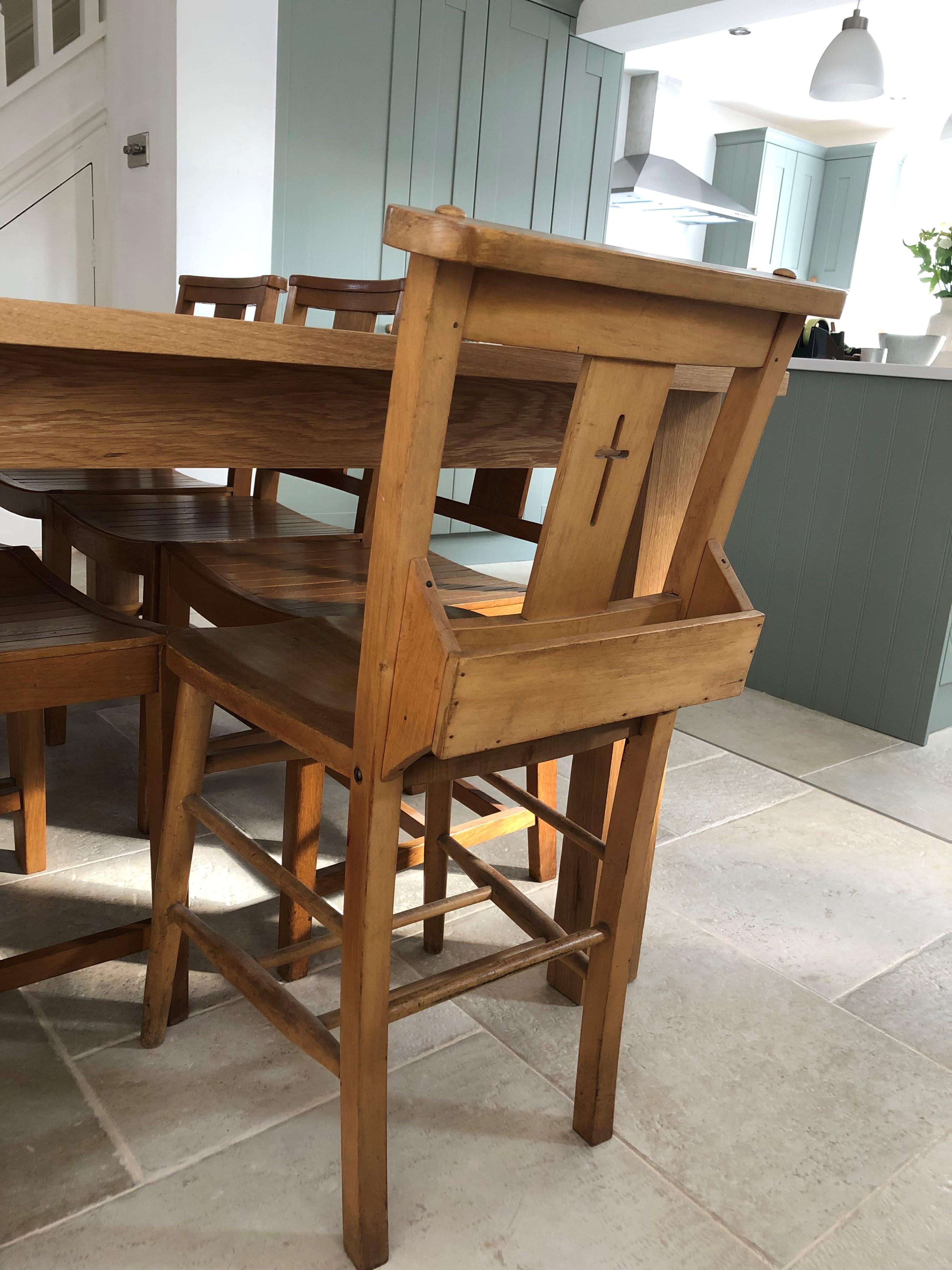 Antique Church Chairs Fitted in a modern style Kitchen. Buy old antique Church chairs from UKAA online. Original Victorian old wooden Chapel chairs